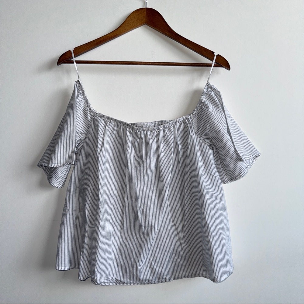 Express Off-the-Shoulder Pinstripe Crop Top Size Medium Lightweight Cotton Linen
